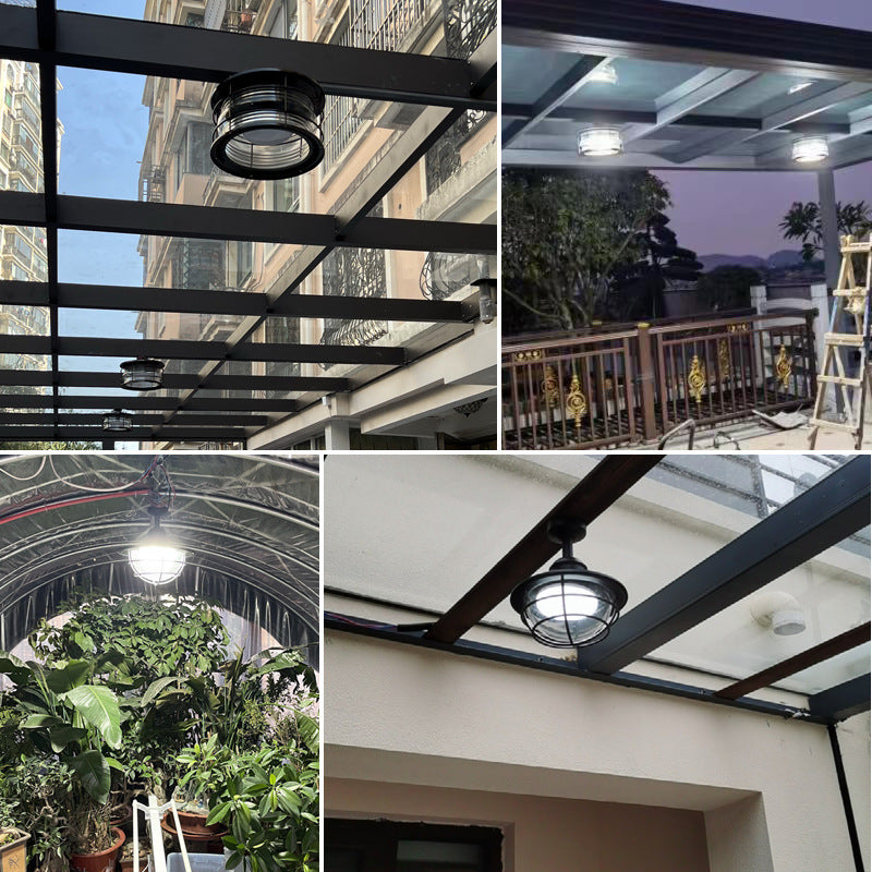 Moderne halbbündige 1-flammige Outdoor-Deckenleuchte im Industrial-Stil aus Glas und Eisen in Trommelform für Terrasse und Patio im Außenbereich 