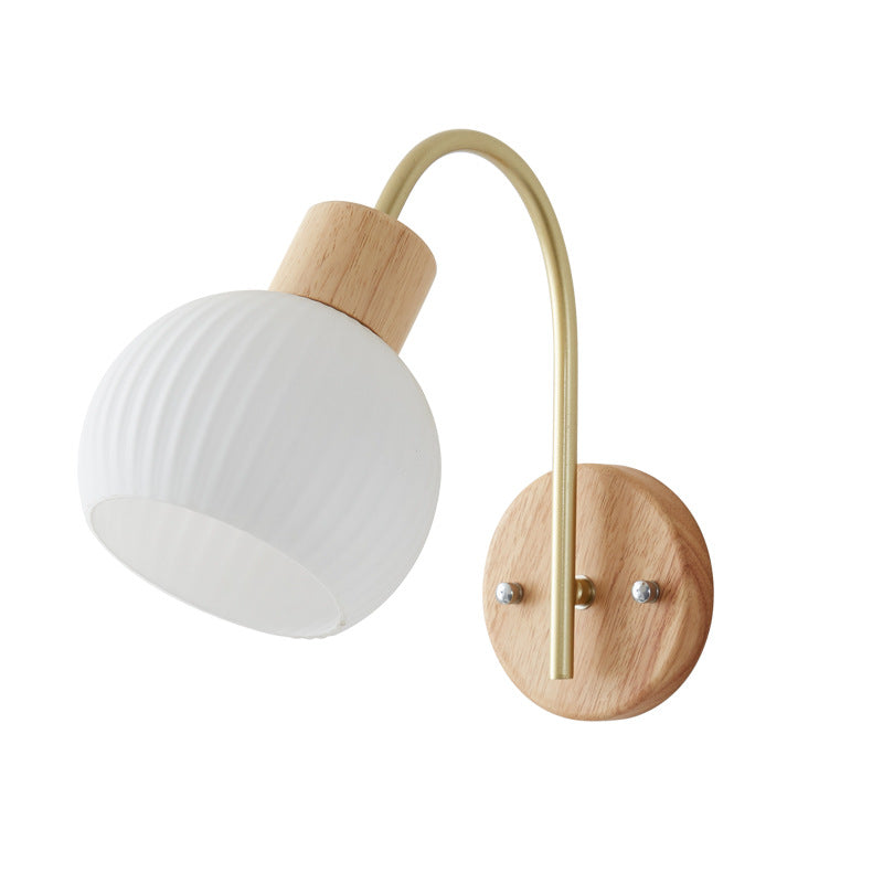 Japanese Minimalist Round Solid Wood Striped Glass 1-Light Wall Sconce Lamp