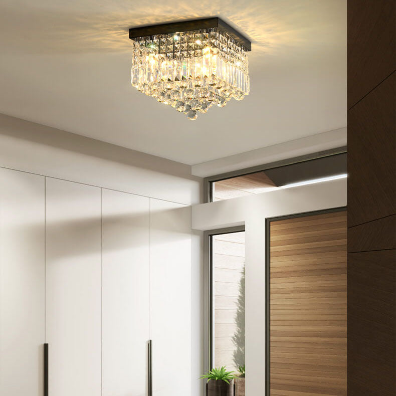 Traditional European Square Crystal Beaded Curtain 4-Light Flush Mount Ceiling Light For Living Room