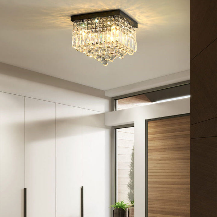 Traditional European Square Crystal Beaded Curtain 4-Light Flush Mount Ceiling Light For Living Room