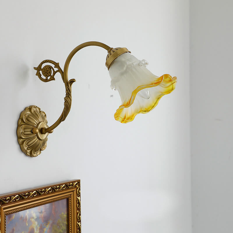 French Vintage Brass Glass Flower 1-Light Wall Sconce Lamp