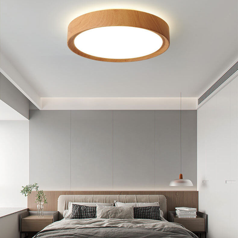 Modern Minimalist Round Wood Grain Iron Acrylic LED Flush Mount Light