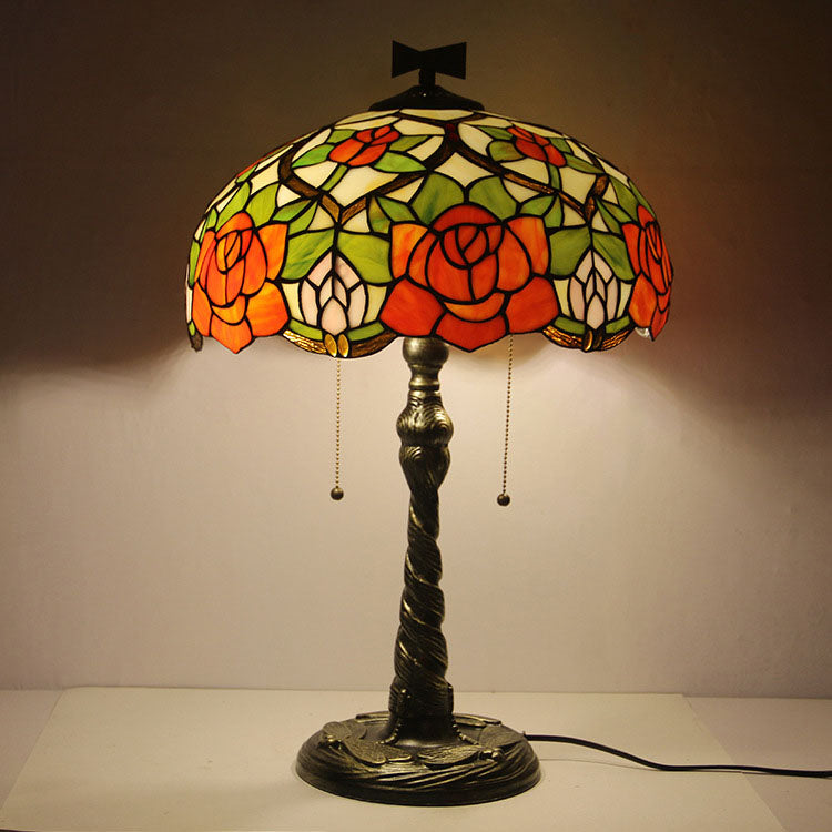 Lampe de table traditionnelle à 2 lumières en forme de dôme en verre teinté libellule Tiffany Rose pour étude 