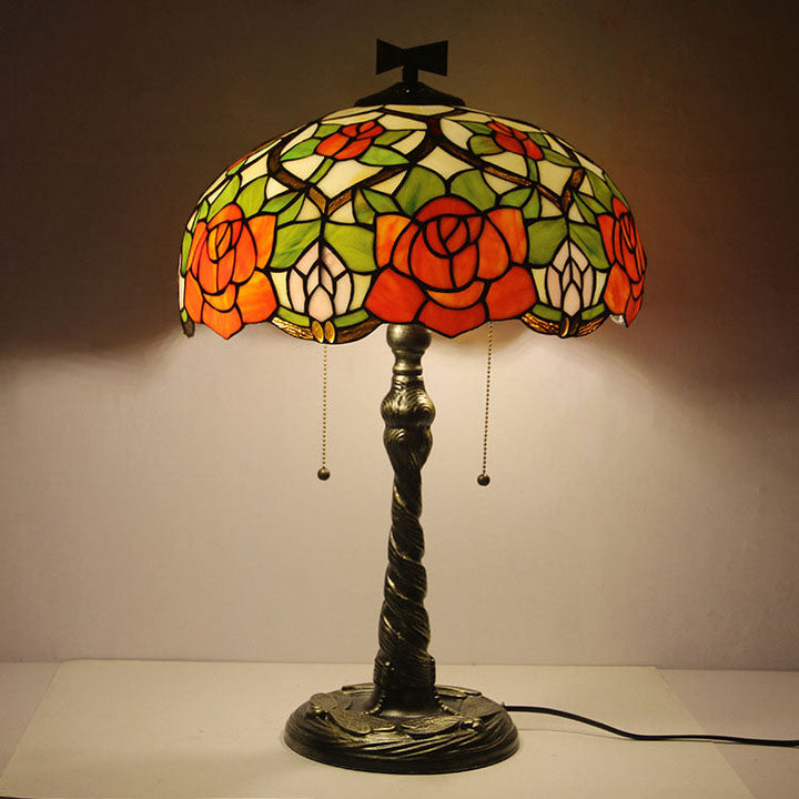Lampe de table traditionnelle à 2 lumières en forme de dôme en verre teinté libellule Tiffany Rose pour étude 