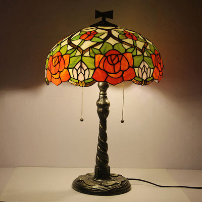 Traditional Tiffany Rose Dragonfly Stained Glass Dome 2-Light Table Lamp For Study
