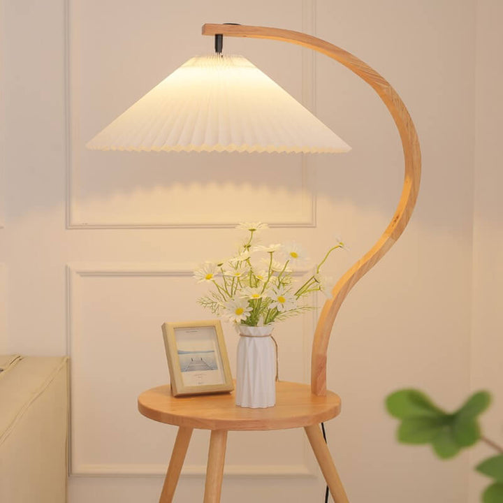 Vintage plissiertes Tablett aus massivem Holz, dekorative 1-Licht-Stehlampe
