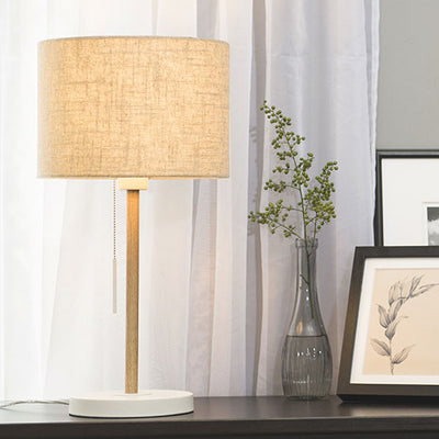 Nordic Minimalist Wood Grain Fabric Drum 1-Light Table Lamp