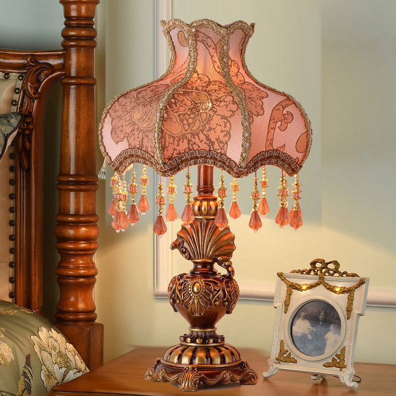 European Vintage Peach Fabric Tassel 1-Light Palace Table Lamp