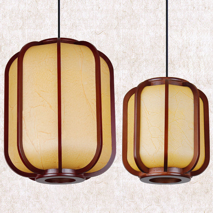 Traditional Chinese Faux Sheepskin Wooden Lantern Round 1-Light Pendant Light for Living Room