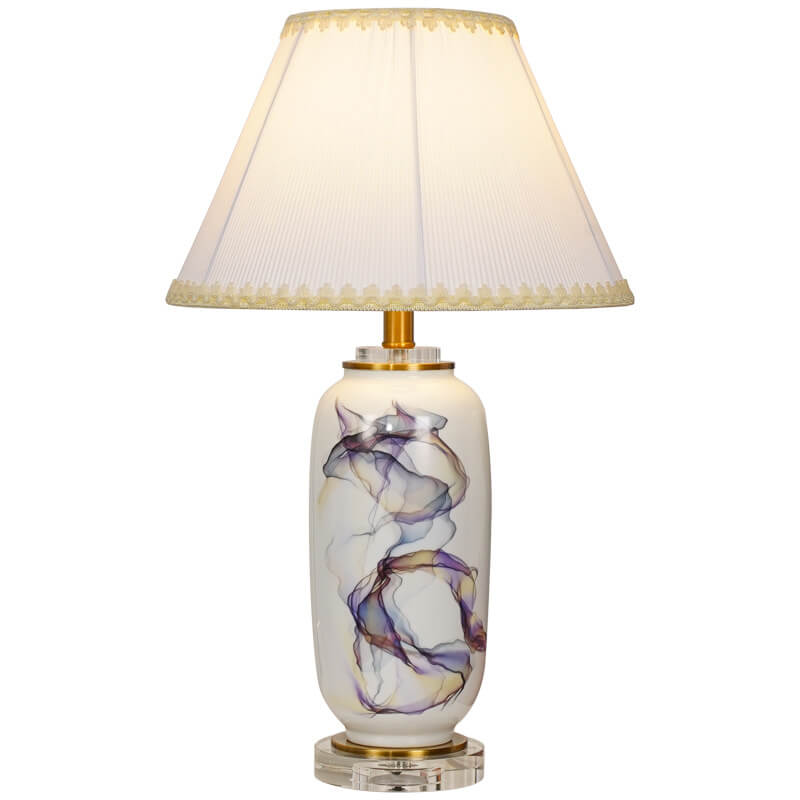 Traditional Chinese Ink Crystal Ceramic Pleated Fabric Column Round 1-Light Table Lamp for Living Room