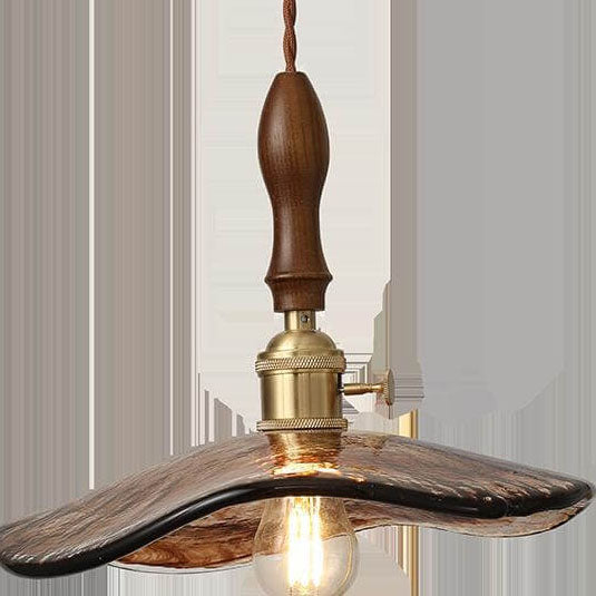 Vintage Amber Glass Walnut Brass 1-Light Pendant Light