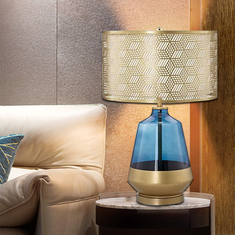 Modern Luxury Blue Glass Bottle Metal Lamp Shade 1-Light Table Lamp for Bedroom