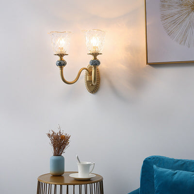 Lámpara Aplique de Pared de Lujo Europeo de Vidrio Floral de Latón con Brazo Curvado 1/2 Luz 