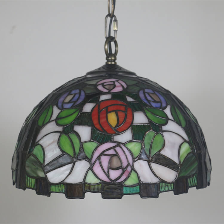 Vintage Tiffany Rose Stained Glass Dome 1-Light Pendant Light