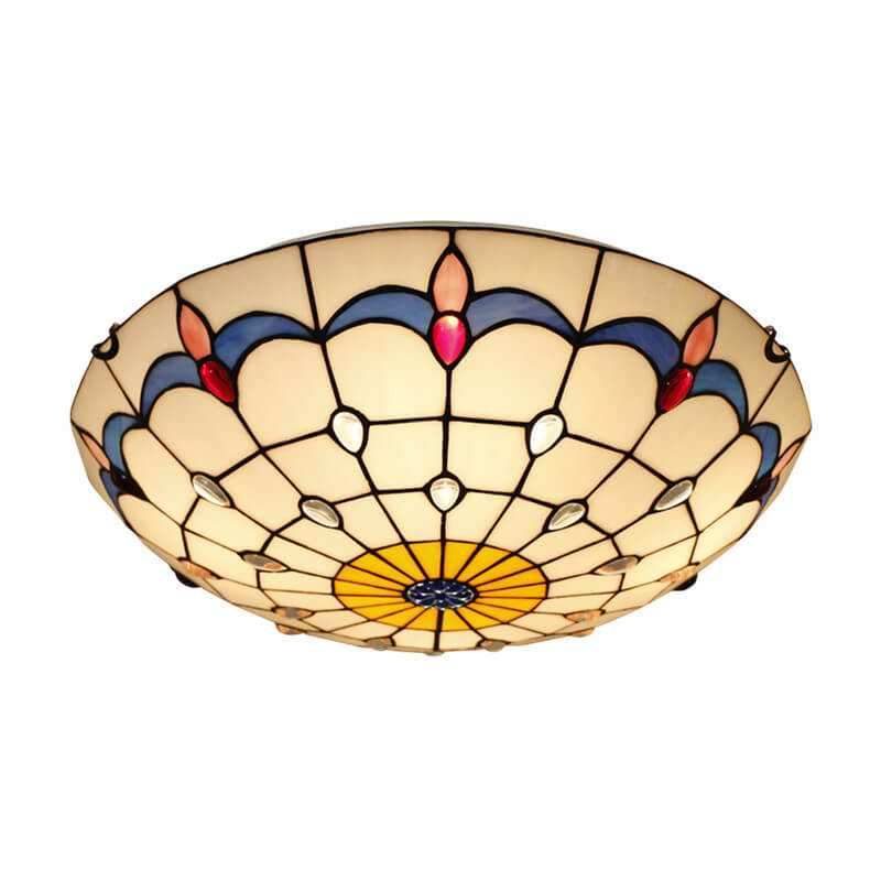 Tiffany Vintage Round Gemstone Stained Glass 3/4 Light Flush Mount Ceiling Light