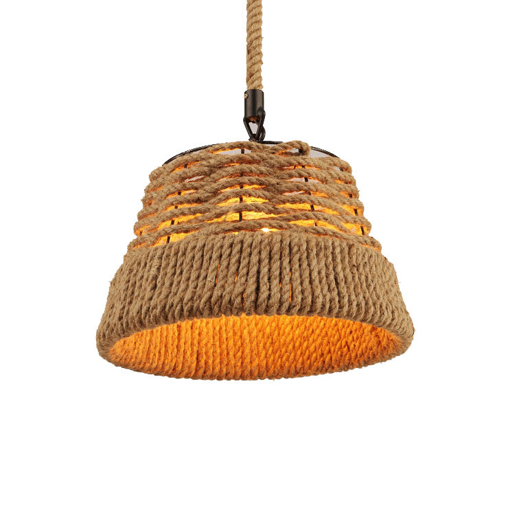 Vintage Industrial Hemp Rope Cone Straw Hat 1-Light Pendant Light