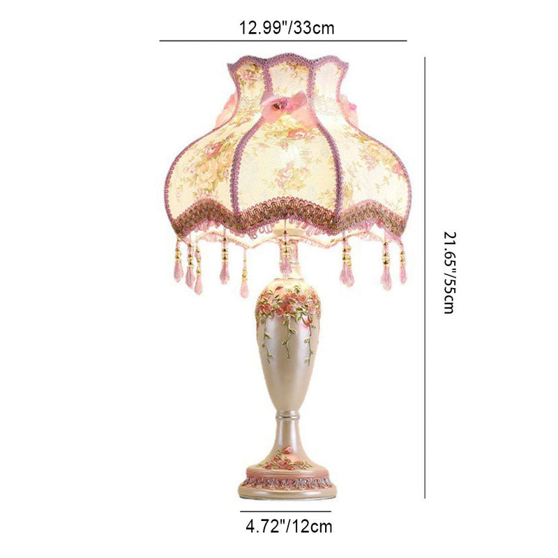 Traditional European Rose Vase Base Resin Fabric 1-Light Table Lamp For Bedroom