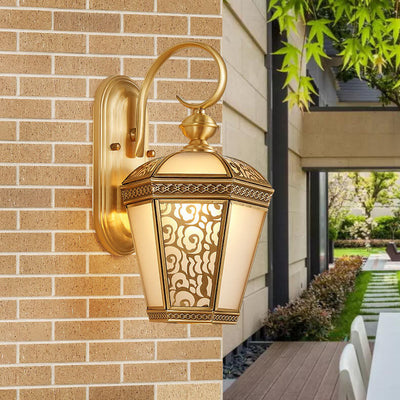 European Modern Hexagonal Lantern Copper Glass Waterproof 1-Light Outdoor Wall Sconce Lamp