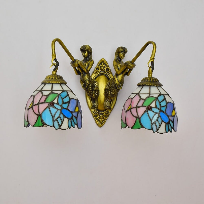 European Tiffany Mermaid Stained Glass 2-Light Wall Sconce Lamp