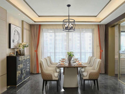 Wrought Iron Lampshade Iron Chain 4-Light Adjustable Length Lantern Geometric Pendant Light