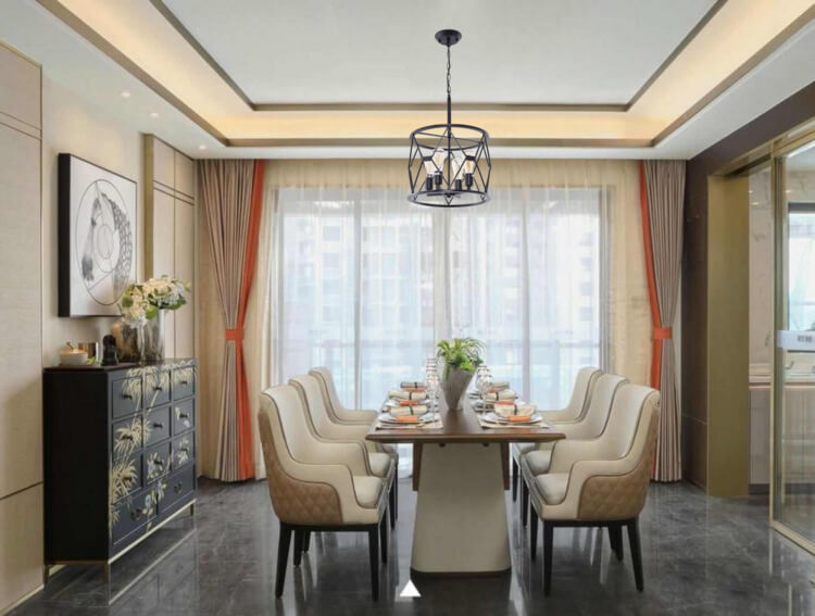 Wrought Iron Lampshade Iron Chain 4-Light Adjustable Length Lantern Geometric Pendant Light