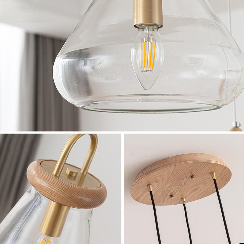 Moderne nordische runde Inselleuchte aus Glas und Holz mit 1/3-flammigem Kronleuchter-Design für das Wohnzimmer 