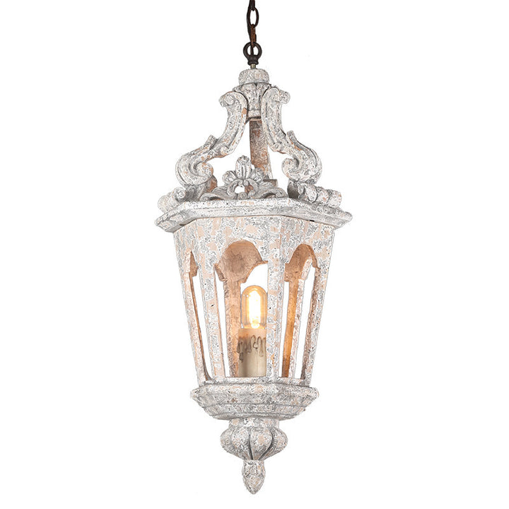Traditional Vintage Solid Wood Resin Iron Carved Hexagonal Cage 1-Light Pendant Light For Living Room &amp; Bedroom