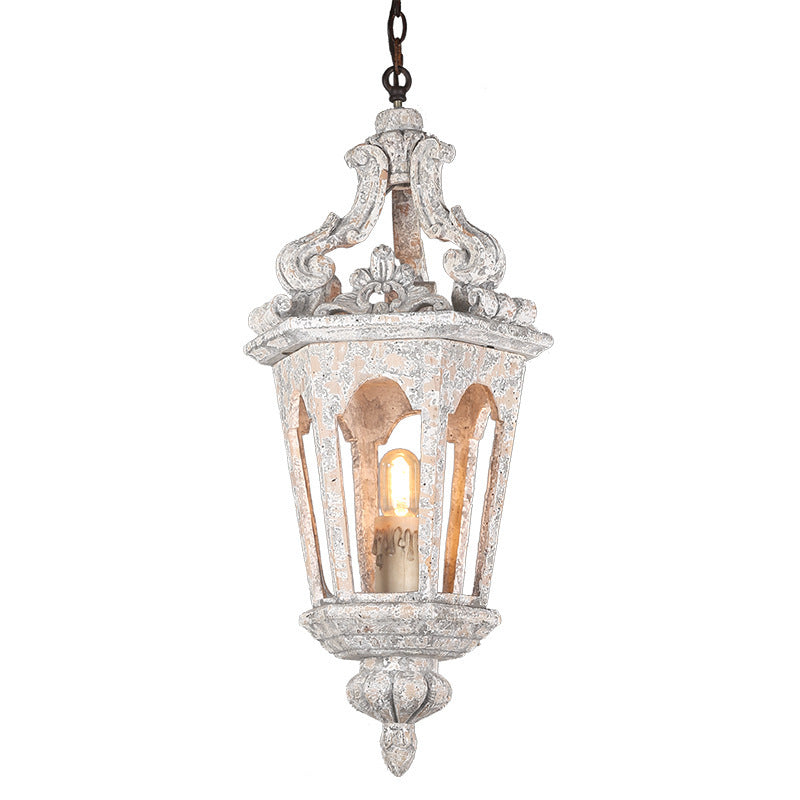 French Vintage Solid Wood Carved Hexagonal Cage 1-Light Pendant Light