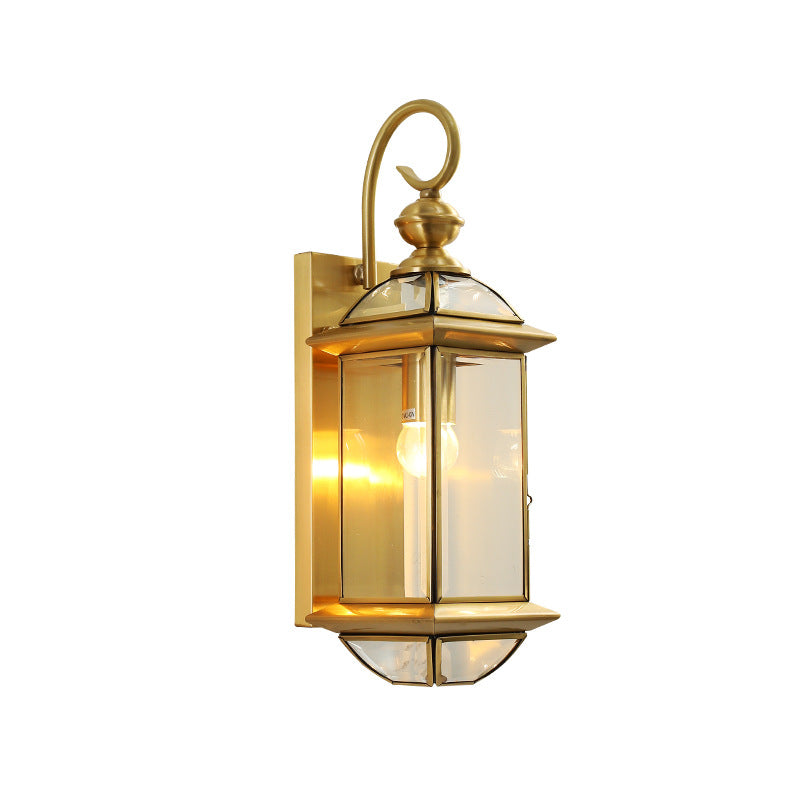 European Simple Copper Glass Square Lantern 1-Light Outdoor Waterproof Wall Sconce Lamp