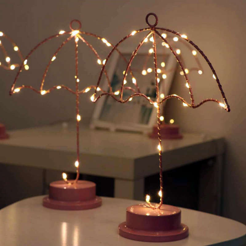 Creative Umbrella Pink Iron LED Decorative Battery USB Night Light Table Lamp