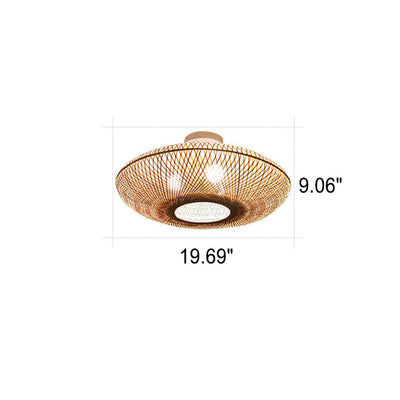 Japanese Bamboo Weaving Round Flying Saucer 3-Light Semi-Flush Mount Light