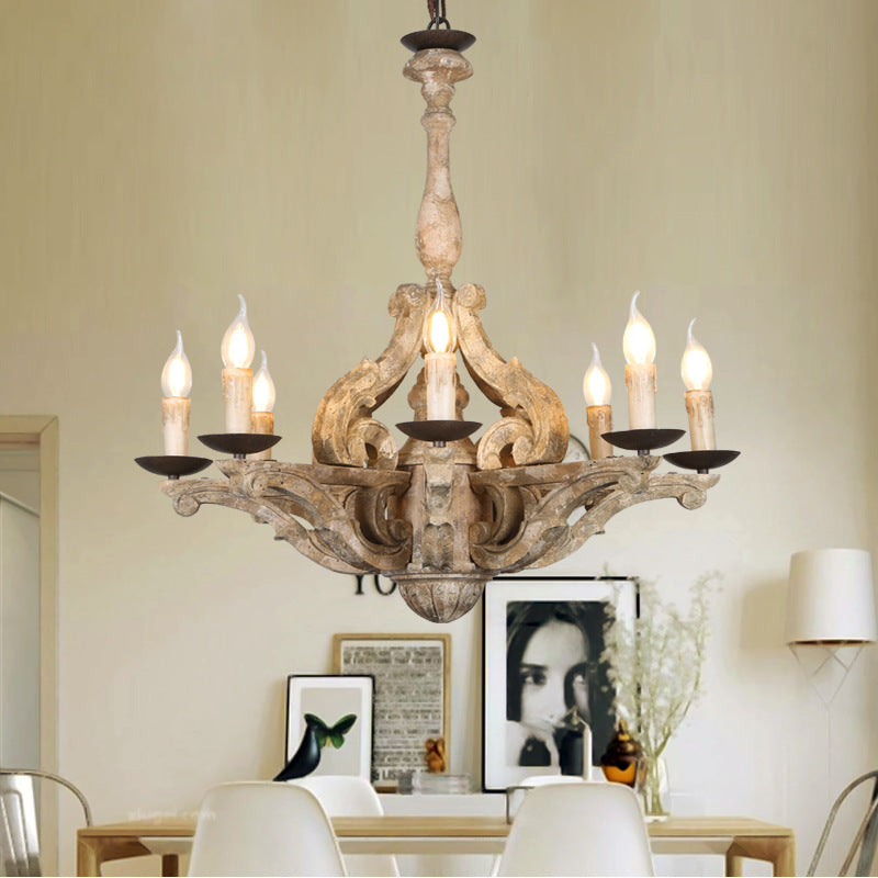 European Rustic Vintage Solid Wood 6-Light Chandelier