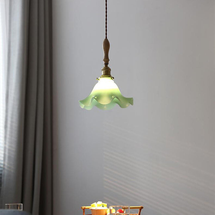Moderne nordische Pendelleuchte mit Glas, Walnussholz und Blütenblatt-Design, 1-flammig, für Wohnzimmer &amp; Schlafzimmer 