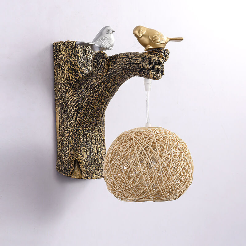 Vintage Chinese Rattan Woven Bird 1-Light Wall Sconce Lamp