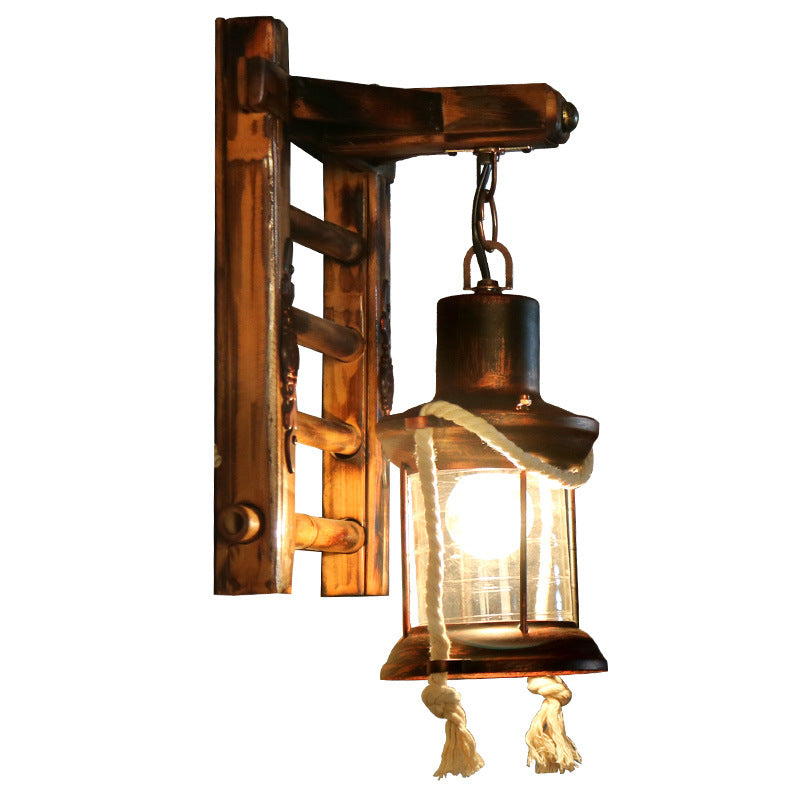 Aplique de pared de 1 luz estilo industrial contemporáneo con lámpara de queroseno, cuerda de cáñamo, base de bambú y cordel de hierro 