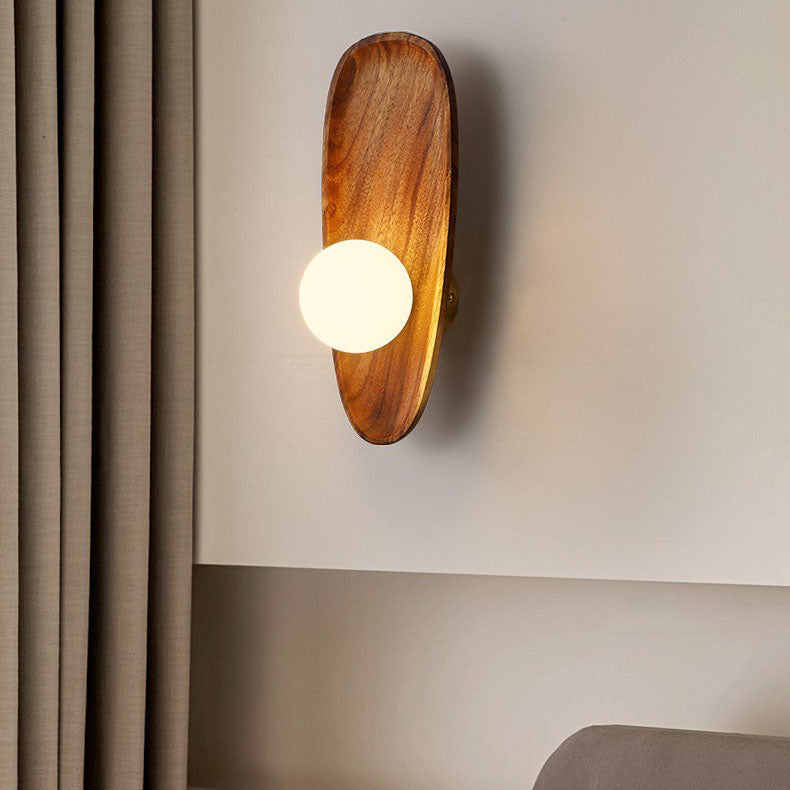 Aplique de pared LED de madera y vidrio con placa ovalada irregular japonesa tradicional para dormitorio 