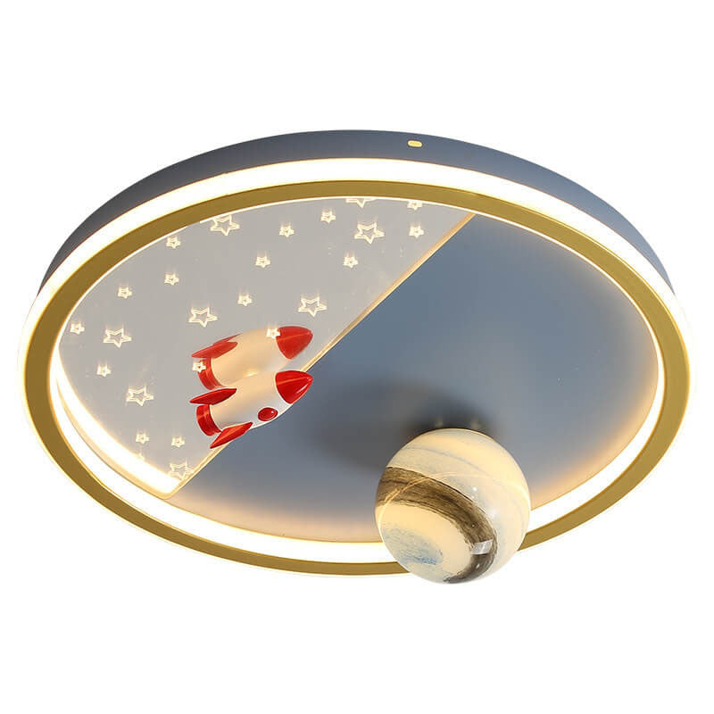 Creative Cartoon Rocket Planet Round Iron LED Kids Flush Mount Ceiling Light