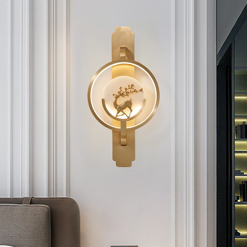 Aplique de pared LED de mármol y cobre redondo con diseño de ciervo de lujo moderno 