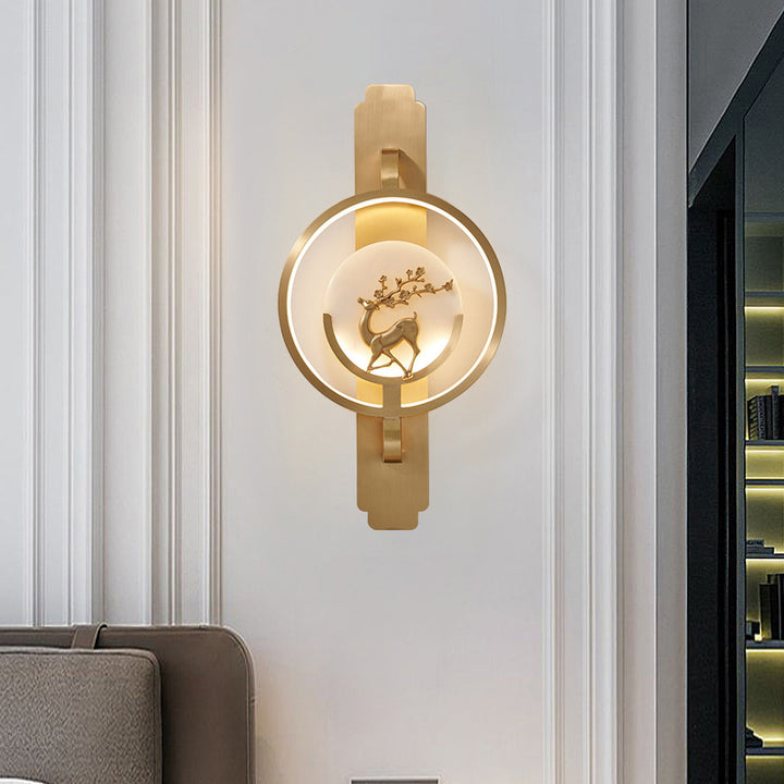 Aplique de pared LED de mármol y cobre redondo con diseño de ciervo de lujo moderno 