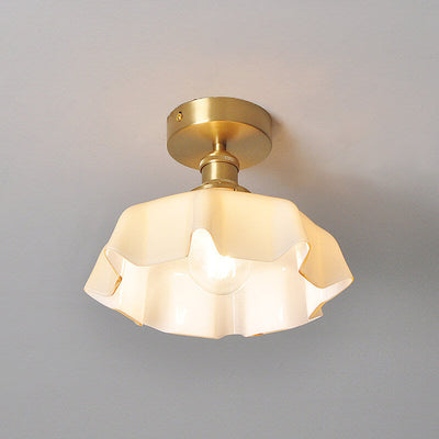 Japanese Vintage Cream Glass Floral Brass 1-Light Semi-Flush Mount Ceiling Light