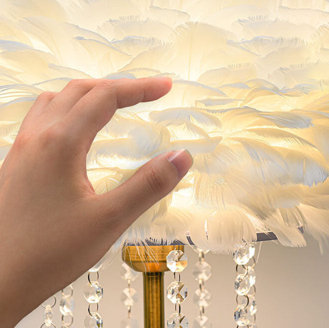 Modern Minimalist Feather Round Crystal Beads 1-Light Table Lamp For Bedroom