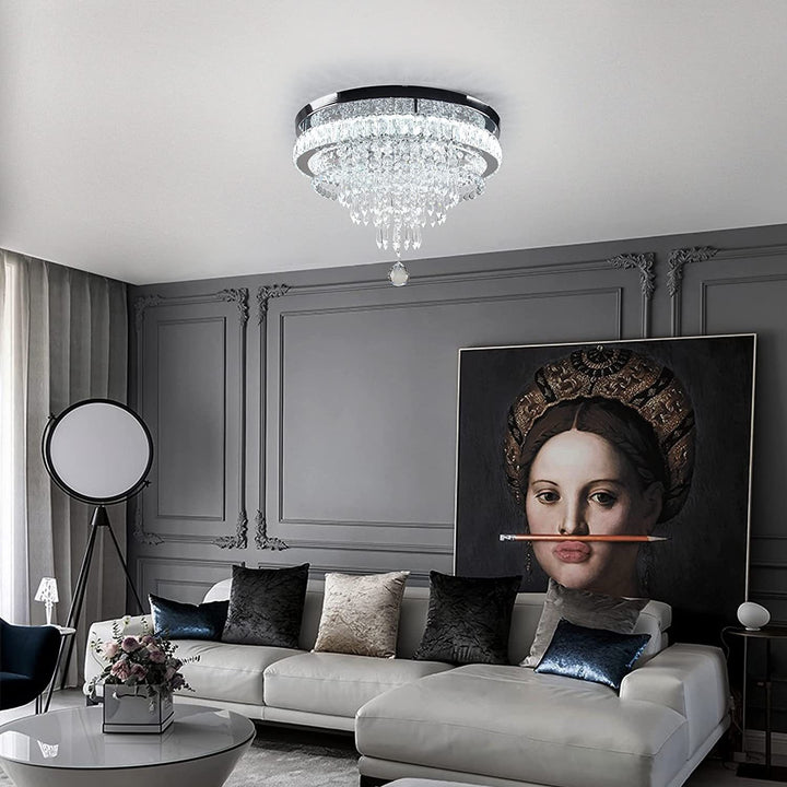 Moderne luxuriöse LED-Deckenleuchte mit Kristall, Edelstahl und rundem Quastendesign für Wohnzimmer &amp; Schlafzimmer 