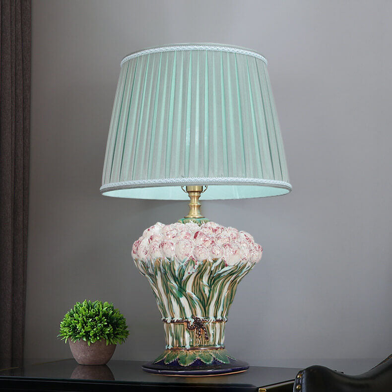 European Idyllic Green Pleated Fabric Ceramic Base 1-Light Table Lamp