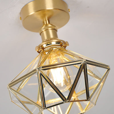 Modern Brass Glass Diamond 1-Light Semi-Flush Mount Ceiling Light