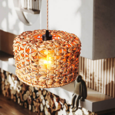 Modern Chinese Rattan Straw Rope Woven Drum 1-Light Pendant