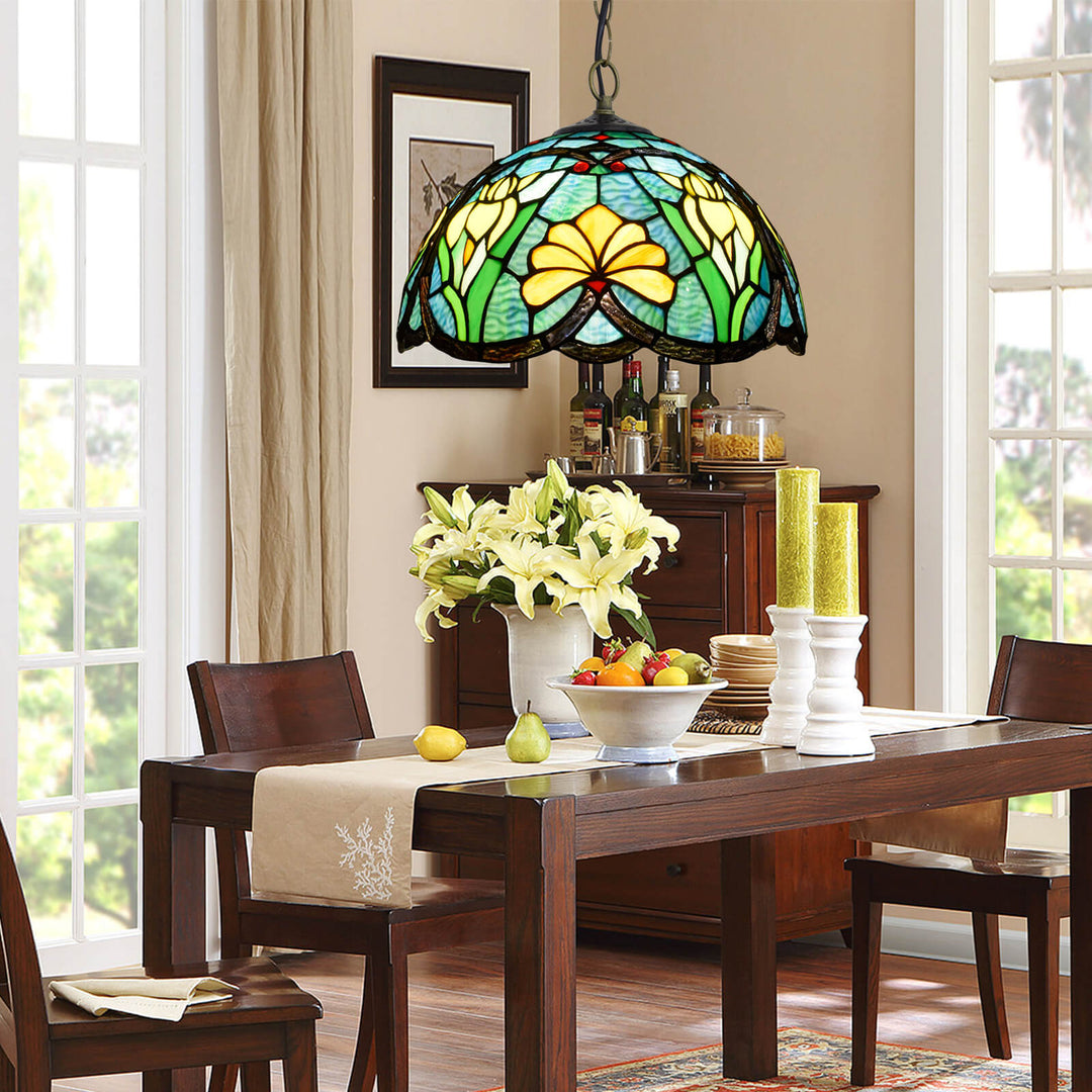 European Vintage Tiffany Flowers Birds Stained Glass 1-Light Pendant Light