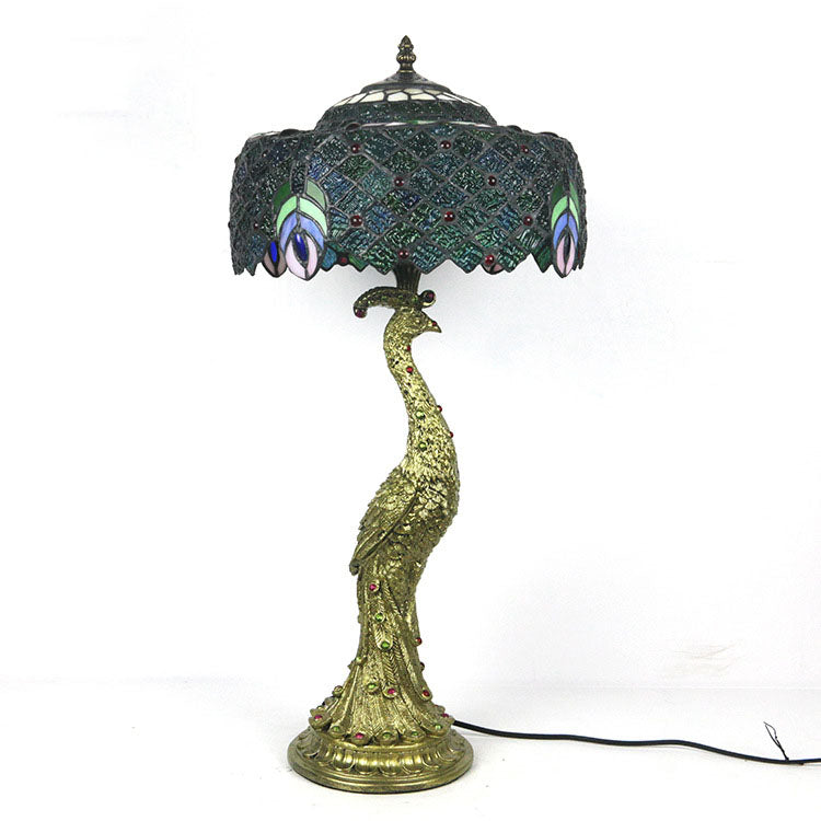 Vintage Tiffany Peacock Gem Dome Glass Resin 1-Light Table Lamp