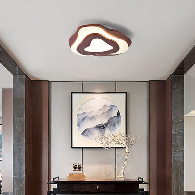 Modern Chinese Solid Wood Textured Round Geometric LED Flush Mount Ceiling Light