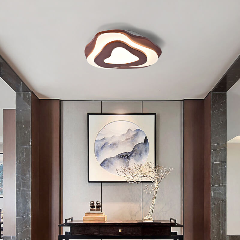 Modern Chinese Solid Wood Textured Round Geometric LED Flush Mount Ceiling Light