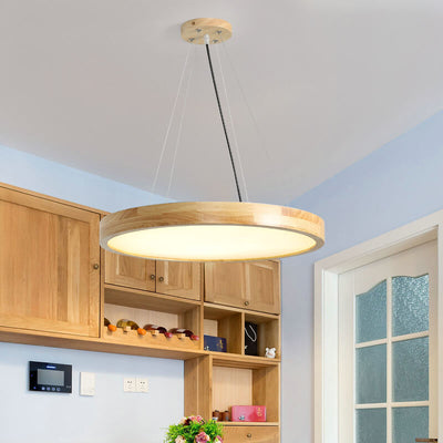 Japanese Simple Log Round Flat LED Pendant Light